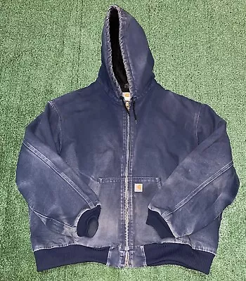 Vintage Carhartt J140 NVY Canvas Jacket Mens 4XL Hooded Navy Blue Distressed • $49.99