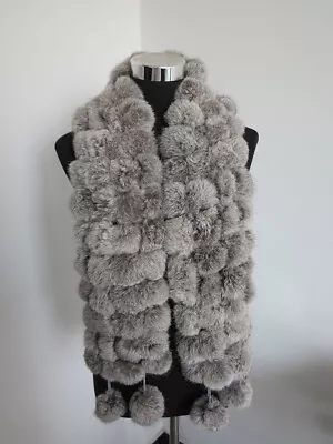 100% Real Rabbit Fur Pom Poms Scarf/ Cape/ Wrap Natural Gray Shawl Neck Wraps • $16.99