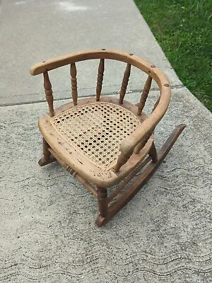 Antique Oak Curved Back Hand Woven Cane Seat Children's Rocking Chair *CQ • $139.99