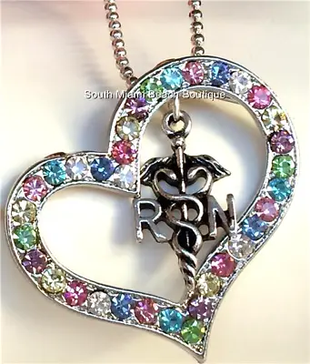 RN Caduceus Nursing Necklace Crystal Heart Nurse Graduation Gift Silver Plated • $9.99
