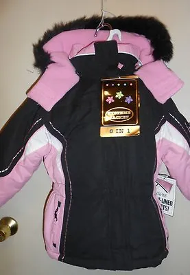 Arizona Girls Faux Fur Trim Hooded 6 In 1 Systems Jacket Black Ice Size S/4 NWT • $59.88