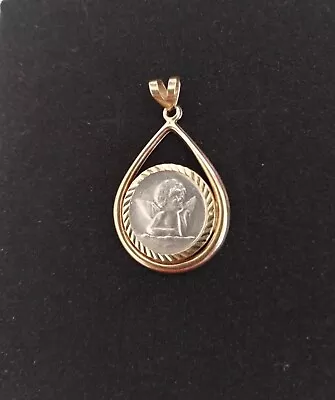 Vintage 999 Sterling Silver  Thoughtful Cherub  Coin Angel Pendant 14k Bezel Set • $36