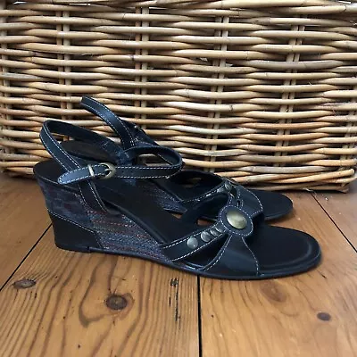 New Lea Foscati Wedge Sandals Strappy EU 40 UK 7 Black Leather Heel Ankle Strap • £16.99