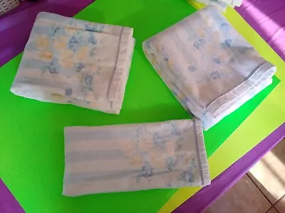Towels Vintage Laura Ashley Bath 3 Pc Set Shabby PALE Blue Flowers Stripe 90's • $54