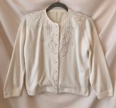 Vintage White Beaded Cardigan.  Size Medium.  Bridal Sweater. Wedding Cover-up. • $25