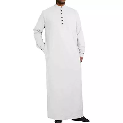 Men Muslim Robe Abaya Islamic Clothes Tunic Dress Long Sleeve Shirts Plain Color • £14.91