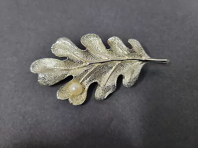 Vintage Brooch Oak Leaf Silver Tone With One Faux Pearl VGC  2.5  Long • $9.99
