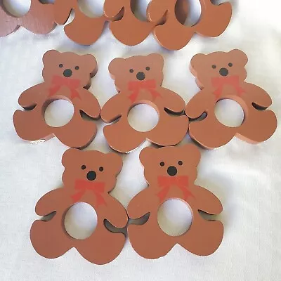 VERA NEUMANN Napkin Rings Wooden Teddy Bears W/ Labels Set Of 9 • $22.49