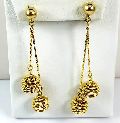 Vintage TRIFARI TM Signed Wrapped Ball Chain Dangle Gold Tone Clip On Earrings • $27.99