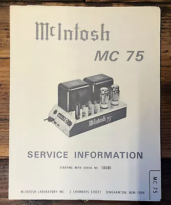 McIntosh  MC-75 Amplifier   Service Manual *Original* • $49.97