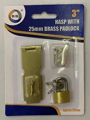 3  Hasp And Staple With 25mm Brass Padlock Cabinet Lock Small Door Cupboard Lock • £2.95