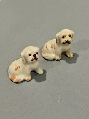 Vintage Miniature Cute Dog Ceramic Figurine White Black Red Accent Lot Of 2 • $8.49