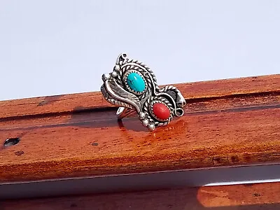 Vtg Navajo Artisan Sterling Silver Skye Blue Turquoise Red Coral Snake Ring Sz 6 • $49.95