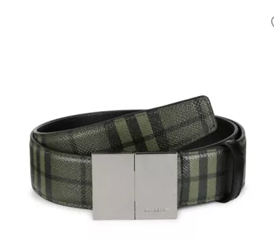 New Burberry Check Leather Belt Military Green 110/44 Italy • $301.75