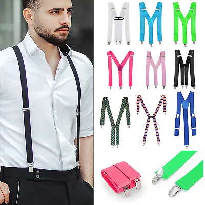 Mens Elasticated Heavy Duty Clip On Trouser Braces Adjustable Suspenders 35mm • £5.99