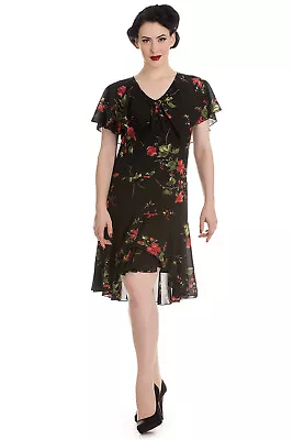 Hell Bunny 60's Vintage Inspired Black & Red Rose Lily Chiffon Dress - Size L • $58.50