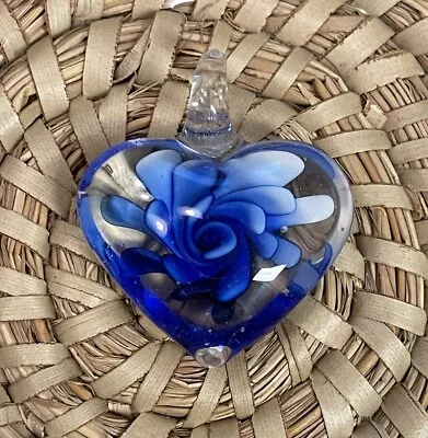 ☀️ Murano Glass Blue Flower 1-3/4   Heart Pendant With Glass Loop • $12