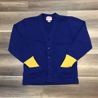 Vintage 70’s Broadway Knitting Mills Inc Blue Yellow Wool Sweater Cardigan Sz S • $39.99