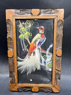 Vintage Mexican Folk Art Feathercraft Feather Bird Carved Cedar Wood Frame • $9.99