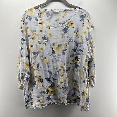 J Jill Pure Jill Linen Tunic Blouse White Womens Large Floral LagenLook Prairie • $35