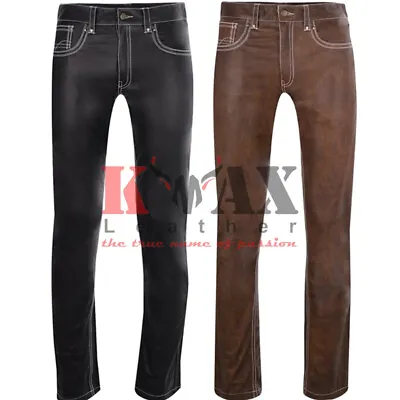 Men Motorcycle Leather Jeans Pants Biker Trouser Cow Plain Leather White Stitch • $94.99