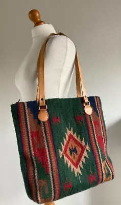 Large Woven Wool & Leather Carpet Kelim Navajo Design Bag • £36.99