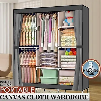 Canvas Fabric Wardrobe Large Portable Clothes Closet Storage Cupboard Dust Proof • £17.90