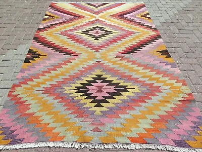 Turkish Kilim Wool Area Rugs 6x9 Rug Handmade Carpet Boho Floor Kelim 67 X96  • $539