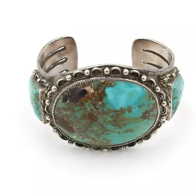 Vintage Navajo Sterling Silver Large Stone Turquoise Signed Cuff Bracelet S172-3 • $1