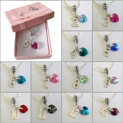 GIRLS Handmade CRYSTAL HEART & Personalised AGE Charm Necklace With GIFT BOX • £5.99