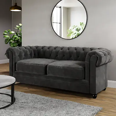 'Chesterfield' Charcoal Grey Crush Velvet Sofa Deep-Buttoned 2 Seater 155cm Sofa • £448.96