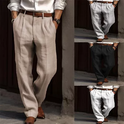 Men's Linen Trousers Double Pleated Straight Business Casual Daily Holiday Pants • $19.40