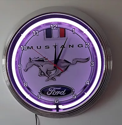 MUSTANG WHITE BADGE SIGN 15  PURPLE Neon Clock Chrome Framed Garage Man Cave Bar • $99.99