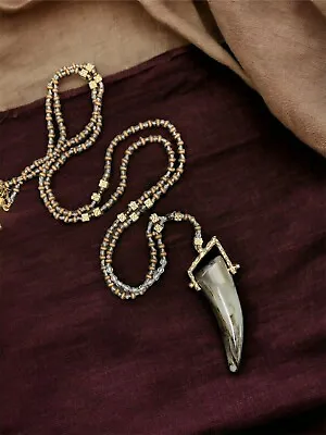 Vintage Bohemian Necklace Faux Horn Pendant Beaded Chain 44” • $20