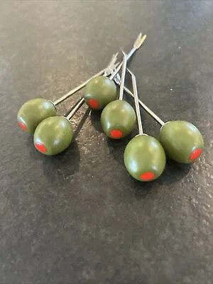 Set Of 6 Wood Olive-Shaped Appetizer Picks With Stainless Steel Ends- VTG • £14.96