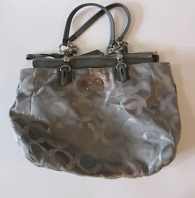 Coach Silver Grey Mia Op Art Lurex & Sateen Signature Metallic Tote Bag F15746 • $7.24