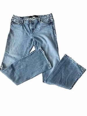 Mossimo Women's Size 10 Blue Low Rise Distressed Bootcut Stretch Denim Jeans • $10