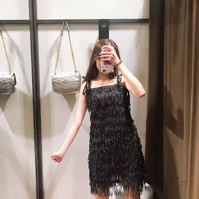 $17.49 • Buy ZARA Black SEQUINNED FRINGED DRESS Mini Adjustable Straps  S