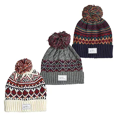 Mens Ben Sherman Fair Isle Cuffed Knit Pom Pom Bobble Beanie Hat • £14.99