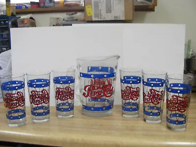 Vtg 1970's Pepsi Cola Tiffany Style Stained Glass Design 6 Glasses & Pitcher • $45.99