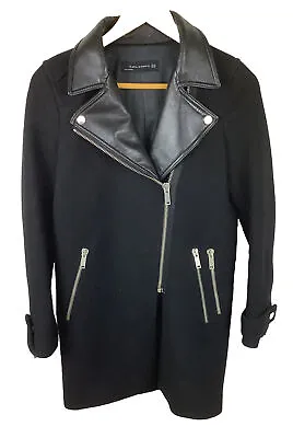 Zara Black Leather Collar Biker Coat Wool Size XS • $43.56