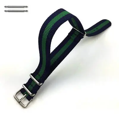 Green & Navy Blue Stripes One Piece Slip Through Nylon Watch Band Strap Buckle • $9.95