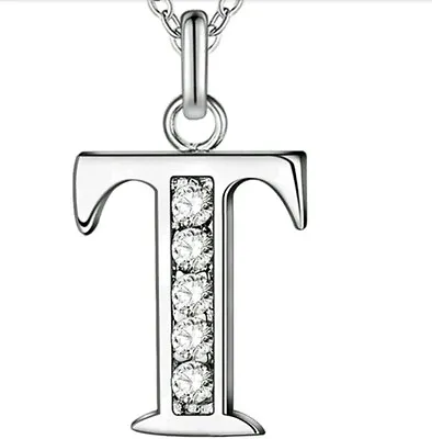 INITIAL T NECKLACE LETTER NAME PENDANT SILVER PLATED & CRYSTAL 18inch CHAIN NEW • £5.99