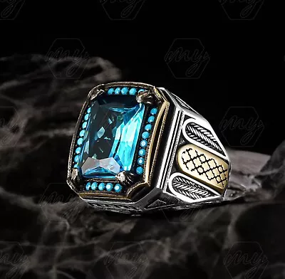 925 Sterling Silver Turquoise Details Rectangle Shaped Aquamarine Stone Men Ring • $49.90