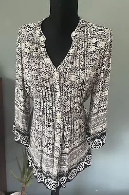 Cotton Traders 3/4 Sleeve Cottton Black Ivory Print  Tunic Top Size 10 • £0.99