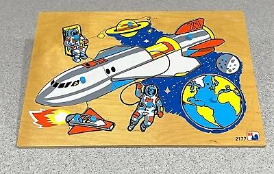 $9.99 • Buy Lighthouse Toys Wooden Peg Puzzle Spaceship Astronauts Earth Moon Saturn #2177