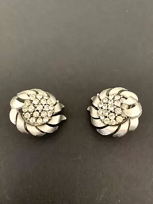 Vintage Silver Tone Sunflower Clip On Earrings Clear Stones By Crown Trifari • $56