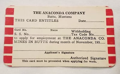 1950s The Anaconda Co Butte Montana Employee Apply Card Vintage Mining Ephemera  • $17.95