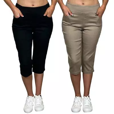 Ladies Pull On Stretch Elasticted Waist Pockets Crops Pants Jeggings Trousers • £13.99