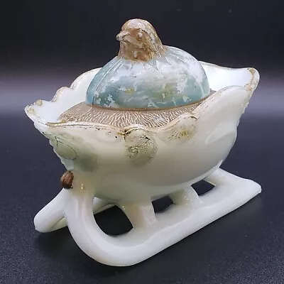 Antique Westmoreland Milk Glass Covered Dish Hen Chick & Egg On Sleigh Nest 1905 • $52.99